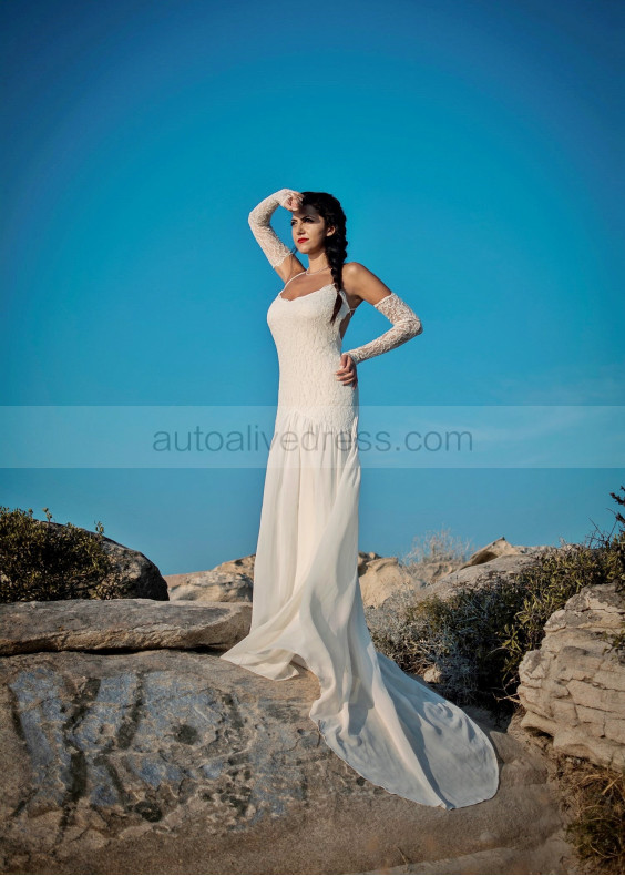 Ivory Lace Chiffon Open Back Dreamy Wedding Dress Ivory Lace Chiffon Open Back Dreamy Wedding Dress